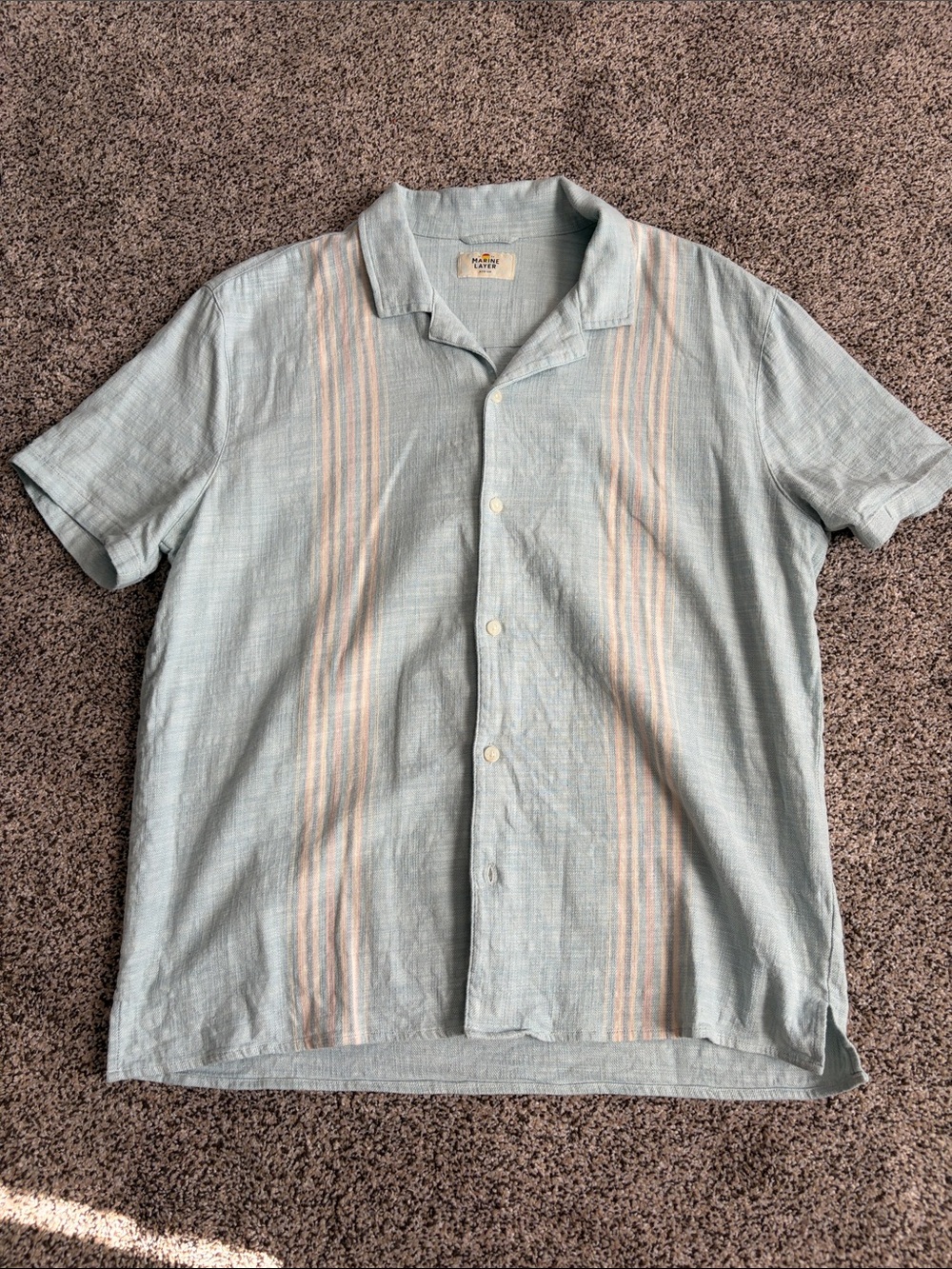 Marine Layer Light Blue Short-Sleeve Button-Up with Cream Stripe Detail